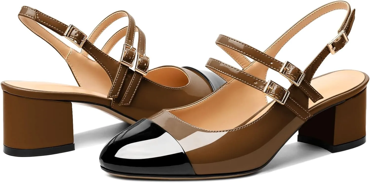 Zamikoo Women's Slingback Heels Round Cap Toe Low Block Heel Pumps with Adjustable Buckle, 2 Inches Heeled Sandals Office Dress Pumps Shoes