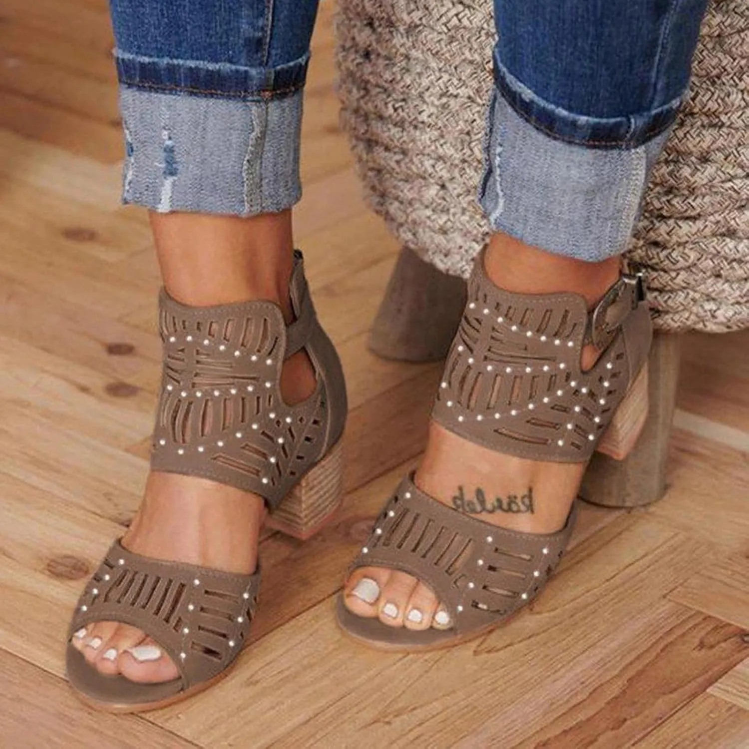 ZBYY Women's Ankle Strap Heeled Sandals Summer Platform Chunky Block Heel Sandals Cutout Peep Toe Heel Sandal with Zipper