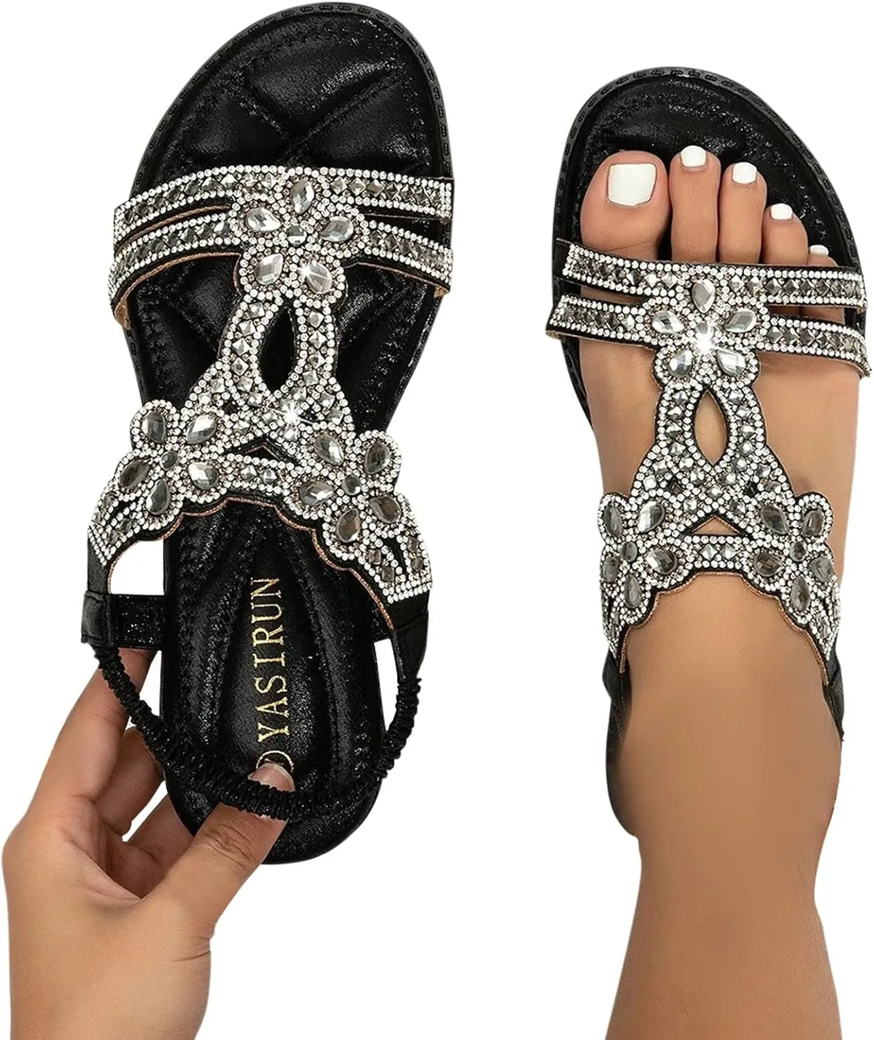 ZBYY Womens Flats Sandals Bohemia Rhinestone Open Toe Elastic Ankle Strap Sandals Summer Comfortable Beach Shoes Sandals