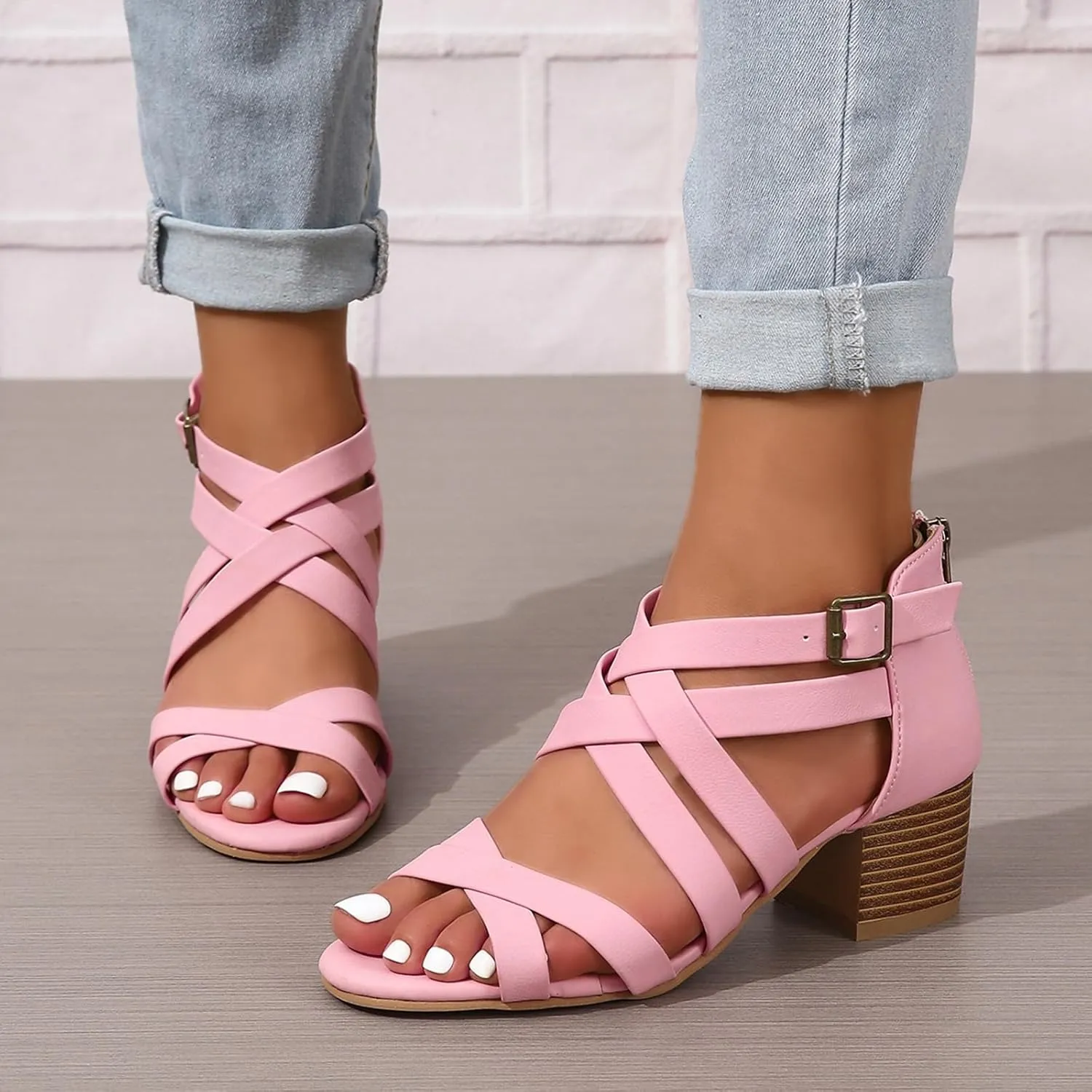 ZBYY Women's Low Chunky Heels Dress Pump Open Toe Cross Ankle Strap Wedding Block Heeled Sandals
