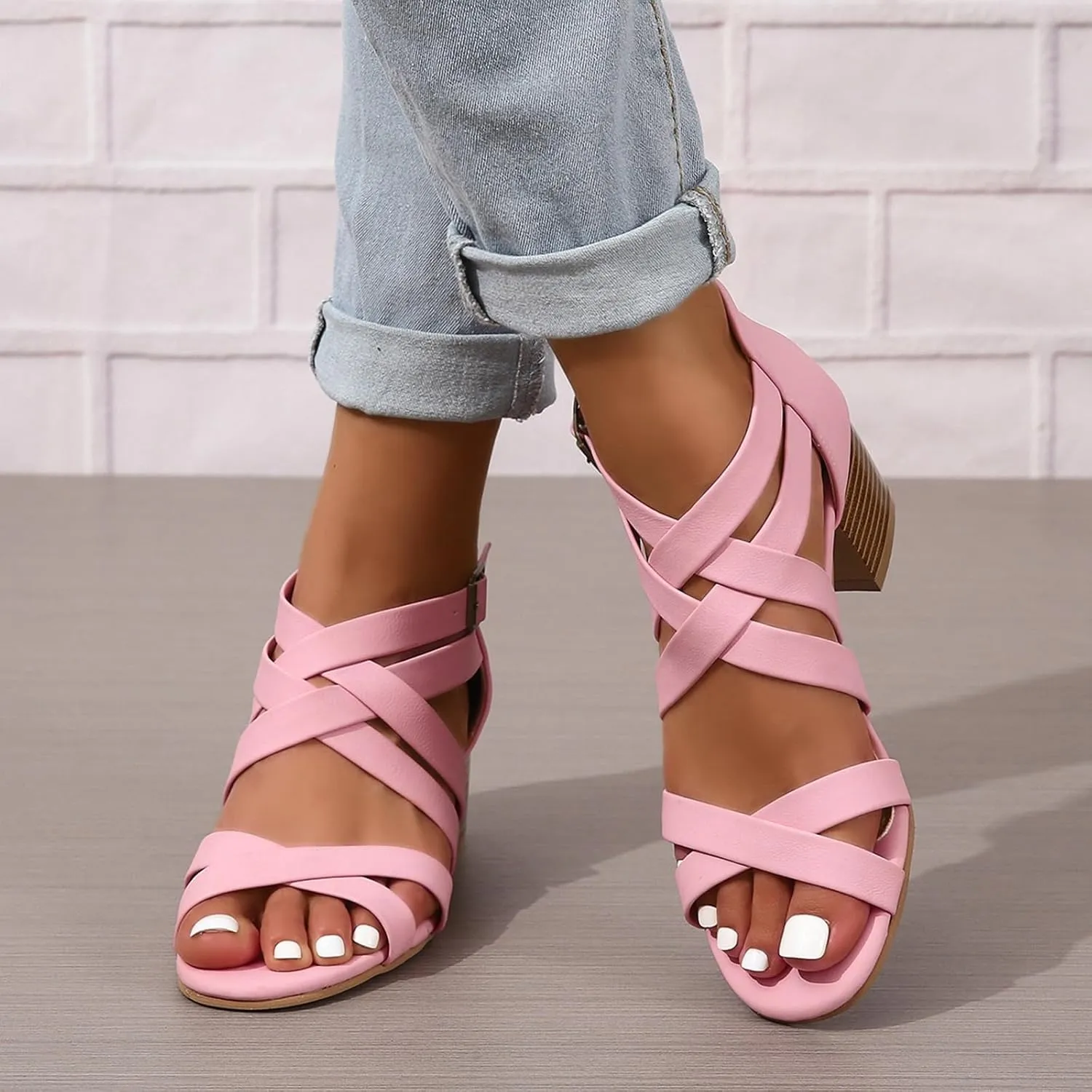 ZBYY Women's Low Chunky Heels Dress Pump Open Toe Cross Ankle Strap Wedding Block Heeled Sandals