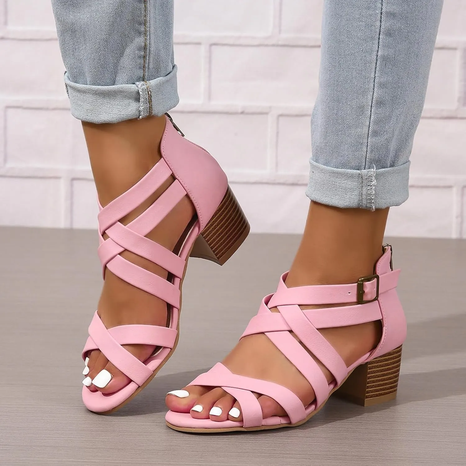 ZBYY Women's Low Chunky Heels Dress Pump Open Toe Cross Ankle Strap Wedding Block Heeled Sandals